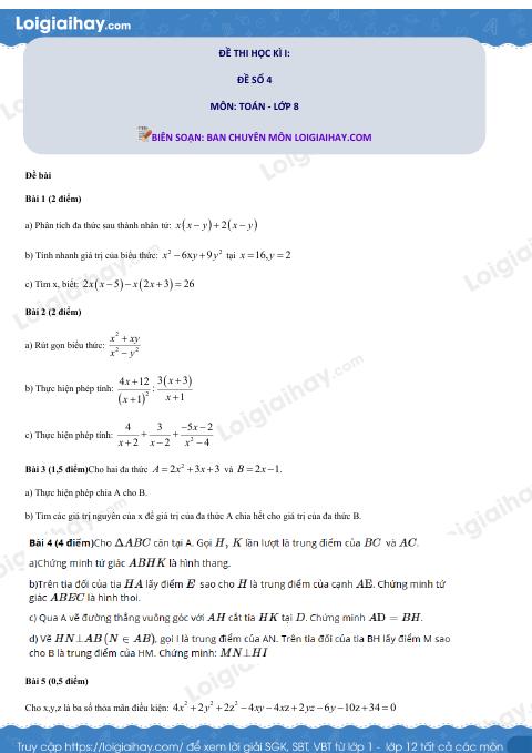 Đề số 4 - Đề kiểm tra học kì 1 - Toán 8